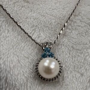 Ralph Lauren 925 Silver Necklace with Pearl and Blue Gems